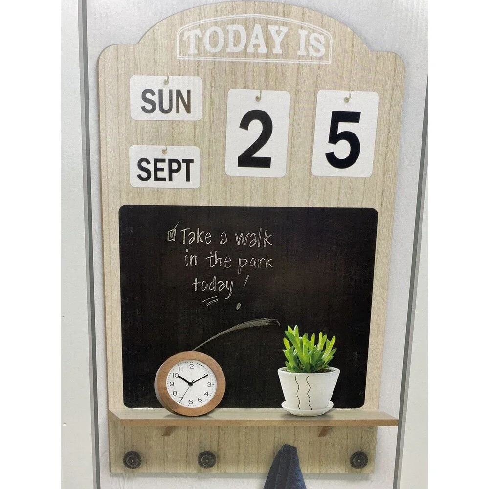 Wall Mounted Wooden Shelf Chalkboard Calendar Decor Display 4 Hooks Brown - New